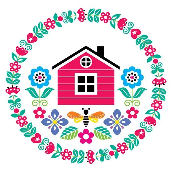 斯堪的纳维亚民间艺术载体可爱的花卉图案 芬兰或挪威的房子呈圆形 贺卡上有红色 绿色和蓝色花 — 图库矢量图片