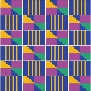 African geometric Kente cloth style vector seamless textile, fabrics pattern, tribal nwentoma design in yellow, purple and navy blue clipart