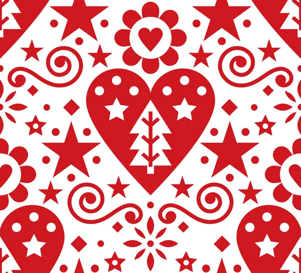 Noel Skandinav Halk Sanatı Kusursuz Desen Kalpler Çiçekler Kar Taneleri — Stok Vektör