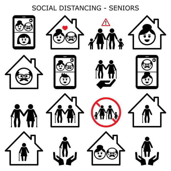 Hombre Mujer Mayores Distanciamiento Social Hogar Iconos Vectoriales Conjunto Abuelos — Vector de stock