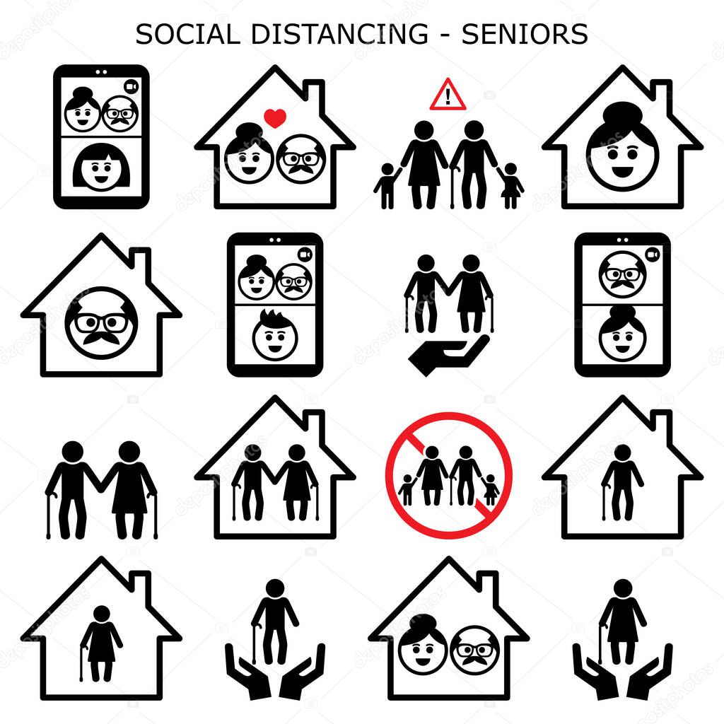 Senior man and woman social distancing at home vector icons set, grandparents leaving alone using video calls to connect with their grandchildren and family. Old people separated from society during pandemic design, protecting senior citizens concept
