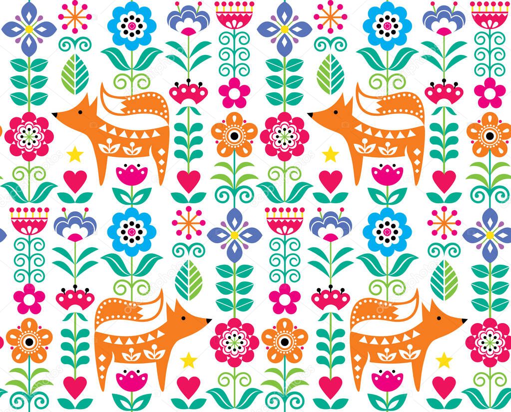 Scandinavian or Nordic folk art vector seamless pattern with flowers and fox, floral textile design inspired by traditional embroidery from Sweden, Norway and Denmark