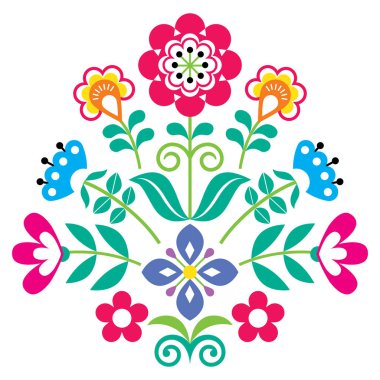 Çiçekli İskandinav halk sanatı, İskandinav halk sanatı modeli, çiçekli İskandinav şirin halk vektör tasarımı, İsveç, Norveç ve Danimarka 'dan esinlenerek yapılan geleneksel nakışlardan esinlenilmiş doğa dekorasyonu