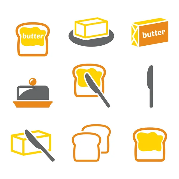 Mantequilla Margarina Esparcida Conjunto Iconos Vectores Pan Lácteos Colección Diseño — Vector de stock