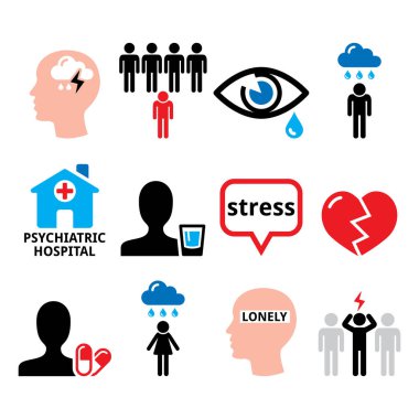 Depresyon, stres, endişe vektörü simgeleri - zihinsel sağlık konsepti, depresif cep telefonu tasarımı 
