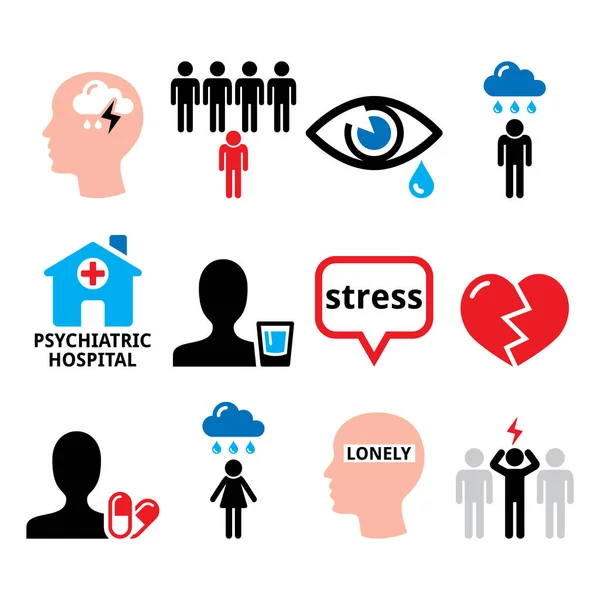 Depresión Estrés Conjunto Iconos Vectores Ansiedad Concepto Salud Mental Diseño — Vector de stock