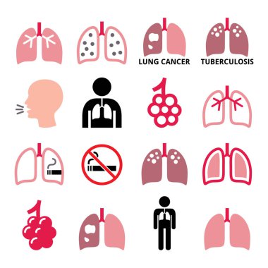 Akciğerler, akciğer hastalığı vektör ikonları - tüberküloz, kanser, sigara içen kişinin ciğerleri - sağlık konsepti 