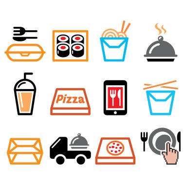 Paket servisi, yemek ikonu seti, Çin yemeği teslimatı, pizza ve suşi barı tasarımı.