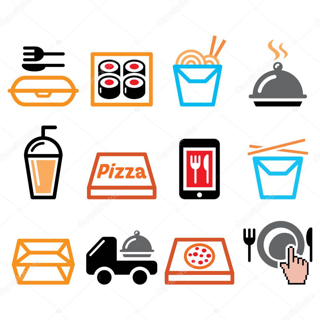 Take away box, meal vector icons set, Chinese food delivery, pizza and sushi bar take away design