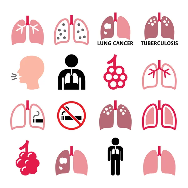 Pulmones Conjunto Iconos Vectores Enfermedades Pulmonares Tuberculosis Cáncer Pulmones Fumador — Vector de stock