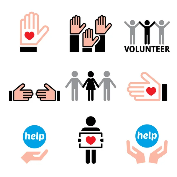 Volunteer People Helping Other Charity Concept Vector Icons Set — Stock Vector