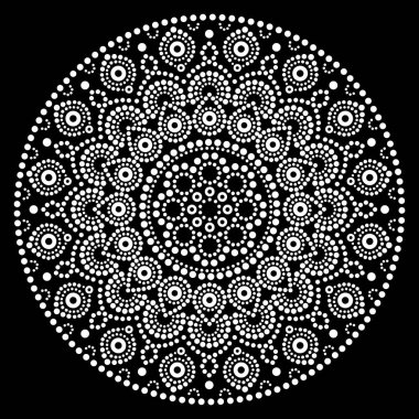 Mandala vektör sanatı, Avustralya nokta boyası siyah üzerine beyaz tasarım, Aborjin halk sanatı bohem tarzı