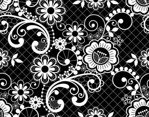 シームレスなレースレトロベクトルパターン 花や渦巻きとの詳細な繰り返しのデザイン 黒の上に白で装飾的な背景 — ストックベクタ