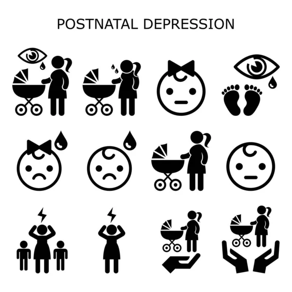Postnatal Depression Postpartum Depression Vektor Ikon Set Nya Mödrar Psykisk — Stock vektor