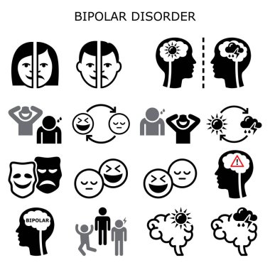 Bipolar bozukluk vektör simgeleri - akıl sağlığı konsepti, aşırı mutluluk ve üzüntü yaşayan insanlar