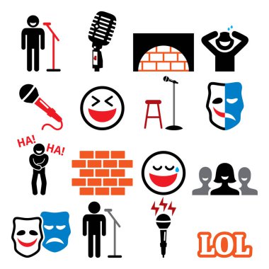 Stand up comedy, entertainment, comedians and people laughing vector icons set  clipart