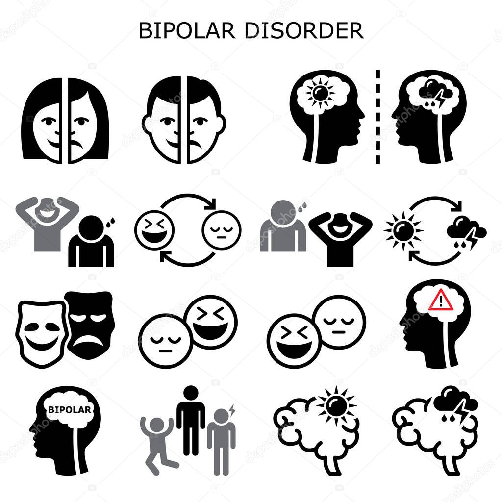 Bipolar disorder vector icons - mental health concept, people experiencing extreme happiness and sadness