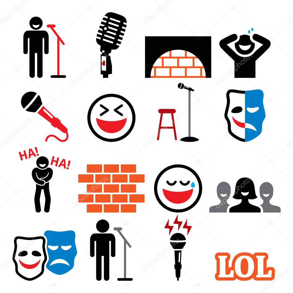 Stand up comedy, entertainment, comedians and people laughing vector icons set 