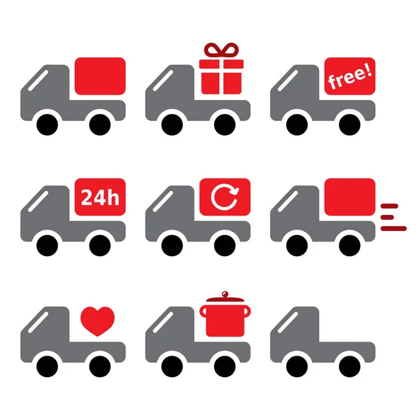 Delivery Car Truck Shipping Goods Take Away Vector Icons Set — Stock Vector