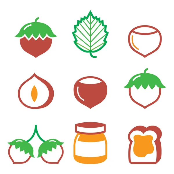 Avellanas Nueces Conjunto Iconos Vectores Alimentos — Vector de stock