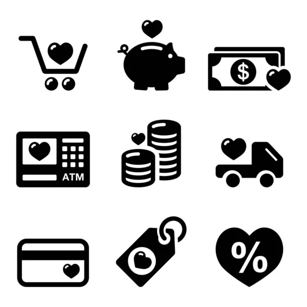 Love Shopping Love Spending Money Vector Icons Set Retail Merchandise — Stock Vector