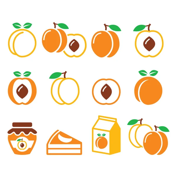 Perzik Abrikoos Fruit Pictogrammen Set Food Market Design — Stockvector
