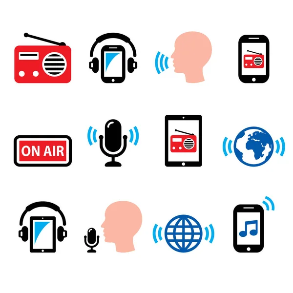 ラジオ スマートフォンやタブレットのベクトルアイコン上のオンラインポッドキャストアプリ — ストックベクタ