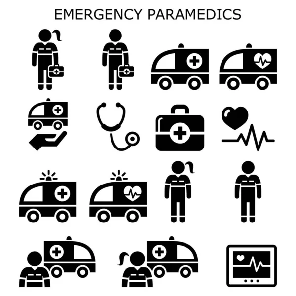 Noodgevallen Paramedici Ambulance Vector Pictogrammen Ingesteld Gezondheidszorg Medische Medewerkers — Stockvector