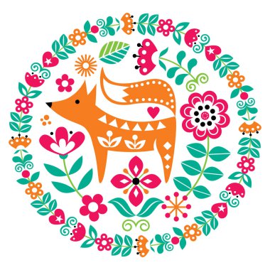 Çiçek ve tilki desenli İskandinav halk sanatı yuvarlak modeli, İsveç, Norveç ve Danimarka 'dan esinlenilmiş geleneksel tebrik kartı veya davetiyesi