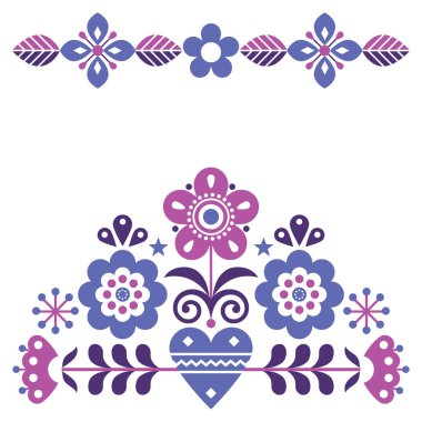 Hoş İskandinav halk temsilcisi pembe ve mor tebrik kartı desenli çiçekler, bahar çiçeği deseni İsveç, Norveç ve Danimarka 'dan esinlenilmiş geleneksel nakış.