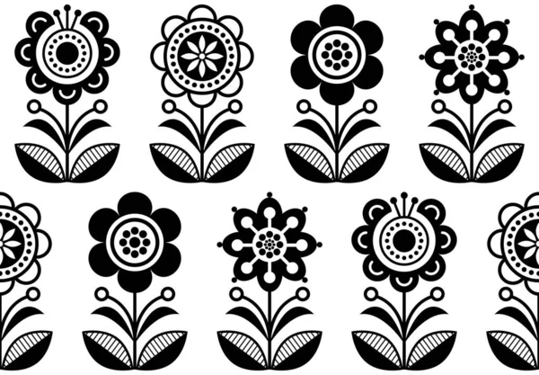 Folk Art Flowers Seamless Vector Floral Pattern Scandinavian Black White - Stok Vektor