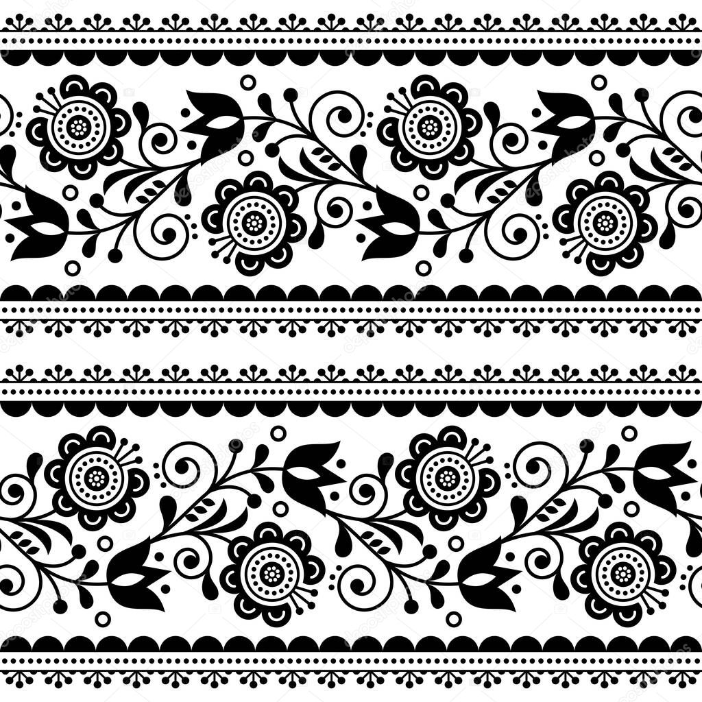 Scandinavian style seamless vector pattern with flowers, Nordic folk art repetitive black and white ornament - horizontal stripes 