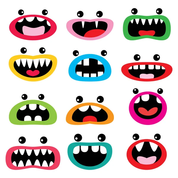 Ensemble Icônes Vectorielles Personnages Dessins Animés Monstres Visages Drôles Bouche — Image vectorielle