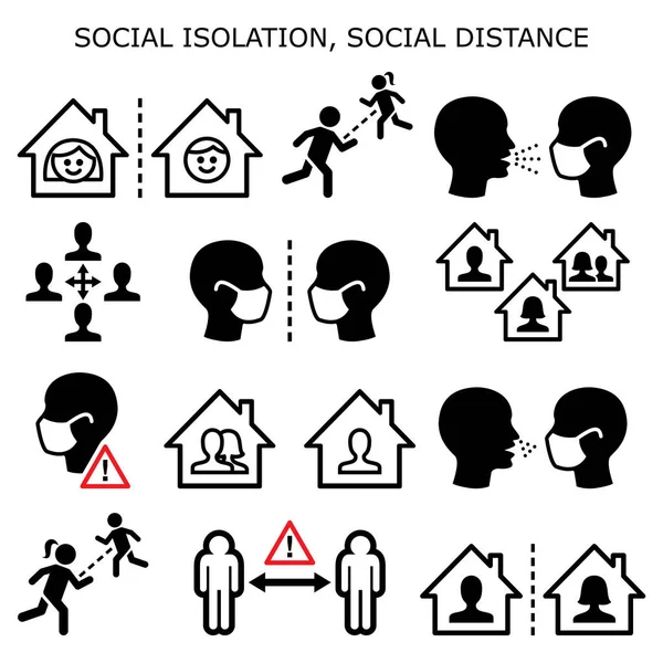 社会的隔離 社会的距離 パンデミックや流行のベクトルアイコンのセット中に自宅で隔離された隔離された人々 曲線の概念を平坦化 人々は孤立し ジョギングをし 病気の普及を避けるために社会的な距離を保つ ウイルス — ストックベクタ