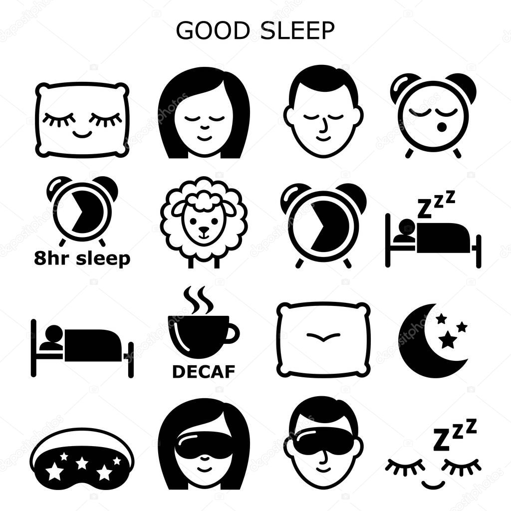 Good sleep hygiene, healthy sleep vector icons people sleeping at night design - health and lifestyle concept