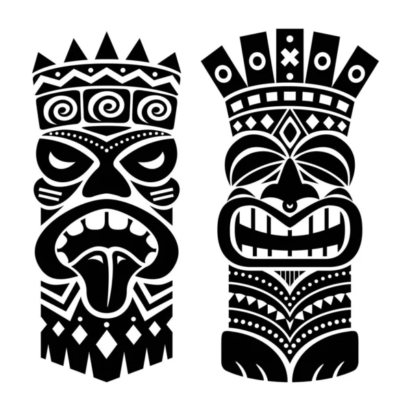 Tiki雕像杆子图腾矢量设计 传统装饰设置从波利尼西亚和夏威夷 部落民间艺术背景 土生土长的波利尼西亚人和夏威夷人在白色的 神像上用黑色画有传统木冠的两个Tiki图案 — 图库矢量图片