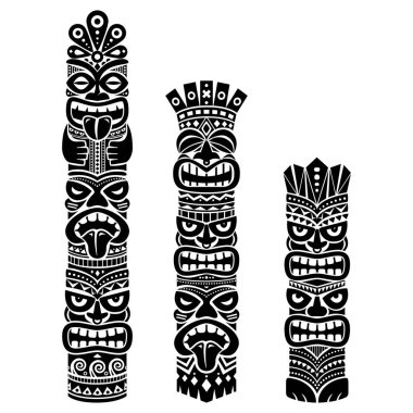 Hawaii ve Polinezya Tiki direği totem tasarımı - kabile halk sanatı arka planı, iki ya da üç baş heykeli 