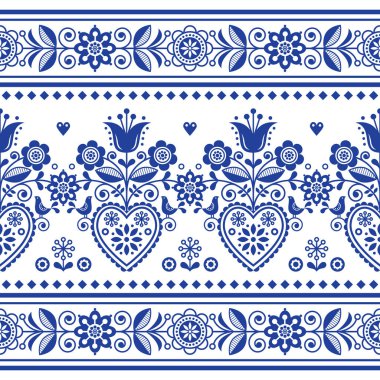 İskandinav halk sanatı, kuşlar ve çiçeklerle kusursuz vektör deseni, çiçeklerle tekrarlanan İskandinav süslemesi 