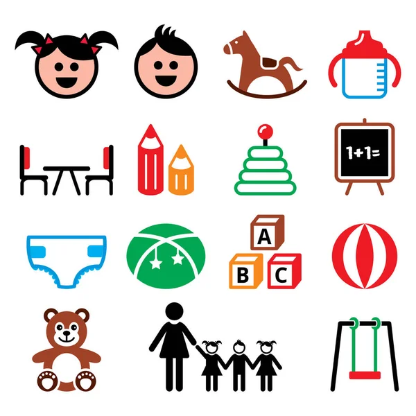 Kindergarten Nursery Preschool Children Color Icons Set — Stock Vector