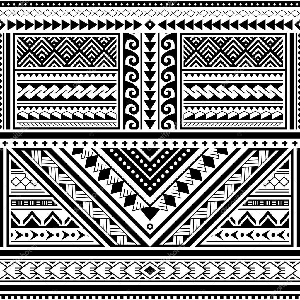 Polynesian tattoo seamless vector pattern, Hawaiian tribal design inspired by art traditional geometric art from islands on Pacific Ocean.Maori traditional tattoo art repetitive design with triangles, zig-zag, abstract shapes in black on white