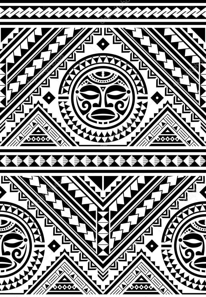 Polynesian seamless geometric vector pattern with Maori face mandala tattoo design, Hawaiian tribal background inspired by art traditional geometric art