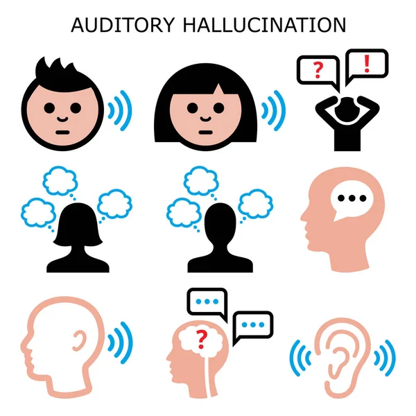 听觉幻听 头中的听觉声音 精神分裂症病媒颜色图标设定 失语症概念 — 图库矢量图片
