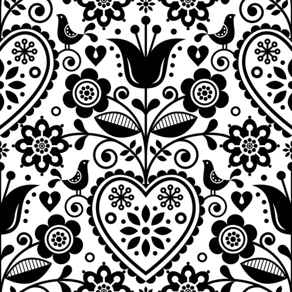 Scandinavische Naadloze Folk Kunst Vector Patroon Bloemen Zwart Wit Repetitief — Stockvector