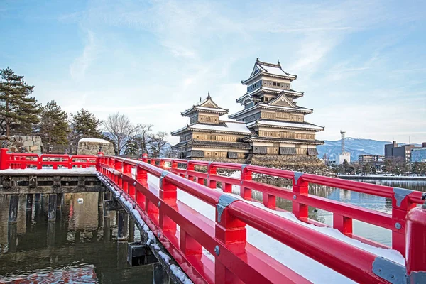 old castle in japan. Matsumoto castle against blue sky in Nagono city, Japan.Castle in Winter with heavy snowfall.Travel Matsumoto Castle with frozen pond in Winter.a Japanese premier historic castles