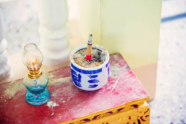 Joss Stick Bowl Next Lamp Placed Table Buddhist Pray Sign — Stock Photo, Image