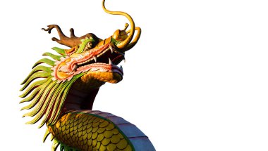 Beyaz arka plan üzerinde Çince yeni yıl Dragon dekorasyon. Çince tasarımlar heykel. Ejderha başlı. Mutlu yeni Year.Dragon dekorasyon Festival arka plan üzerinde. Ayrı tutma beyaz arka plan üzerinde Çince dragon
