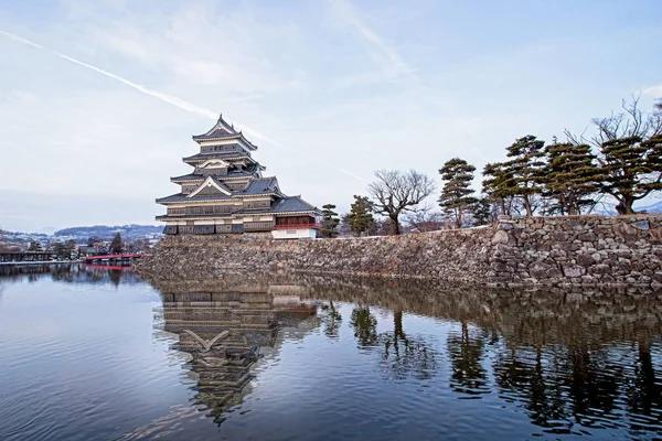 old castle in japan. Matsumoto castle against blue sky in Nagono city, Japan.Castle in Winter with heavy snowfall.Travel Matsumoto Castle with frozen pond in Winter.a Japanese premier historic castles