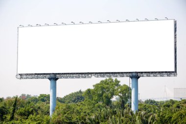 Parkın yan tarafındaki boş ilan panosu. Kopyalama alanı, reklam, metin ve nesne için resim. Doğal yeşilde beyaz ilan panosu.