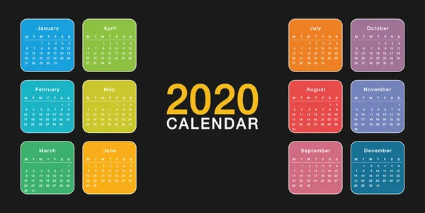 Kolorowy Szablon Wektora Kalendarza Rok 2020 Prosty Czysty Design Kalendarz — Wektor stockowy