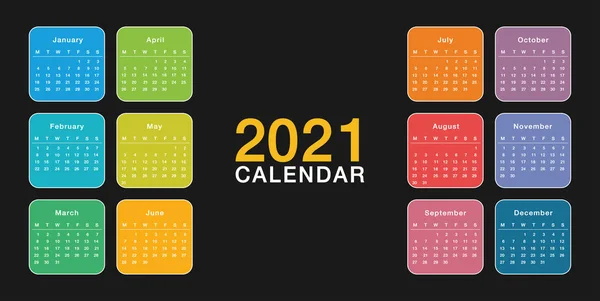 Kolorowy Rok 2021 Kalendarz Horyzontalny Wektor Wzór Projektu Proste Czyste — Wektor stockowy
